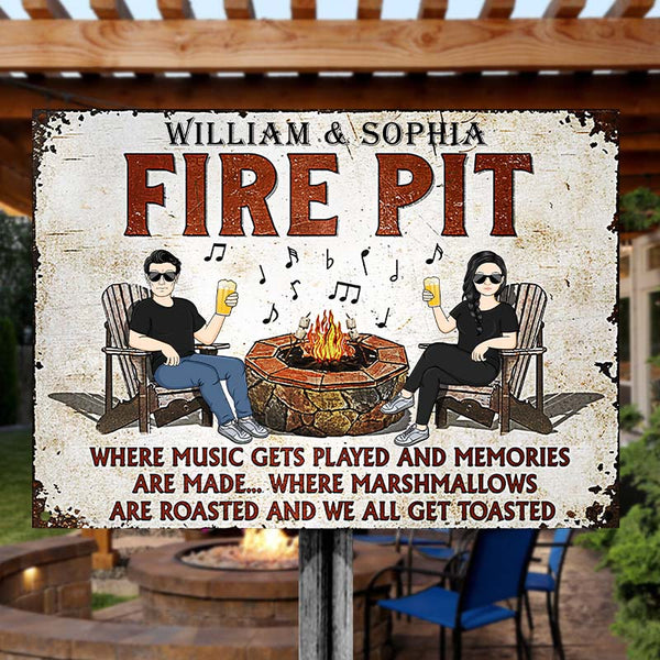 Fire Pit Where Music Gets Played Husband Wife Camping Couple -  Camping Signs - Personalized Custom Classic Metal Signs