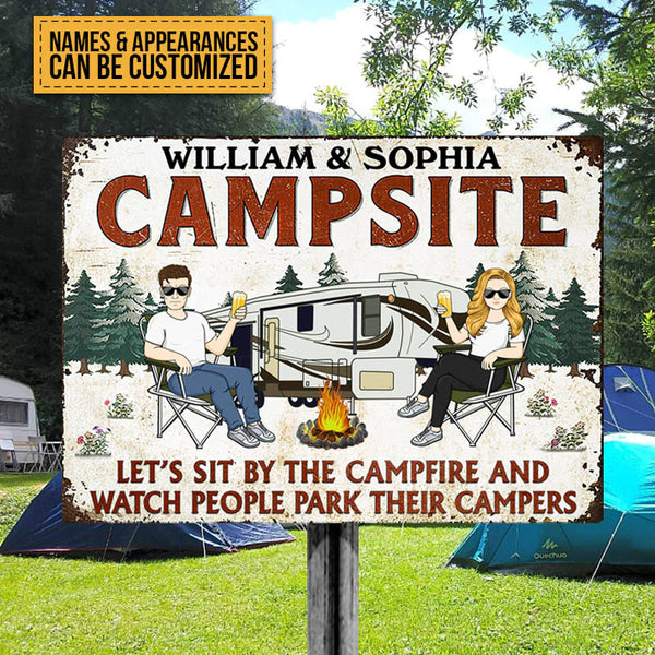 Let's Sit By The Campfire Husband Wife - Camping Signs - Camping Gift For Couple - Personalized Custom Classic Metal Signs