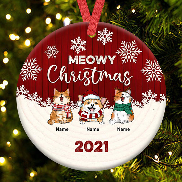 Personalised Meowy Christmas Red Wooden Circle Ceramic Ornament - Personalized Pet Lovers Decorative Christmas Ornament