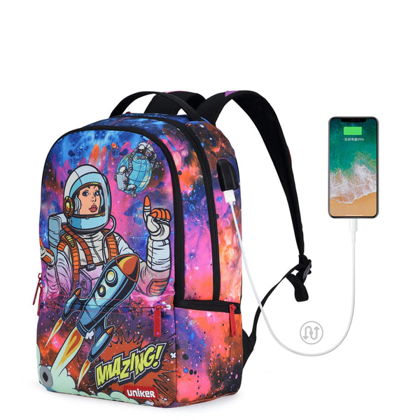 Space Astronaut School Backpack for Teens Laptop Backpack with USB Charging Port Graffiti Backpack