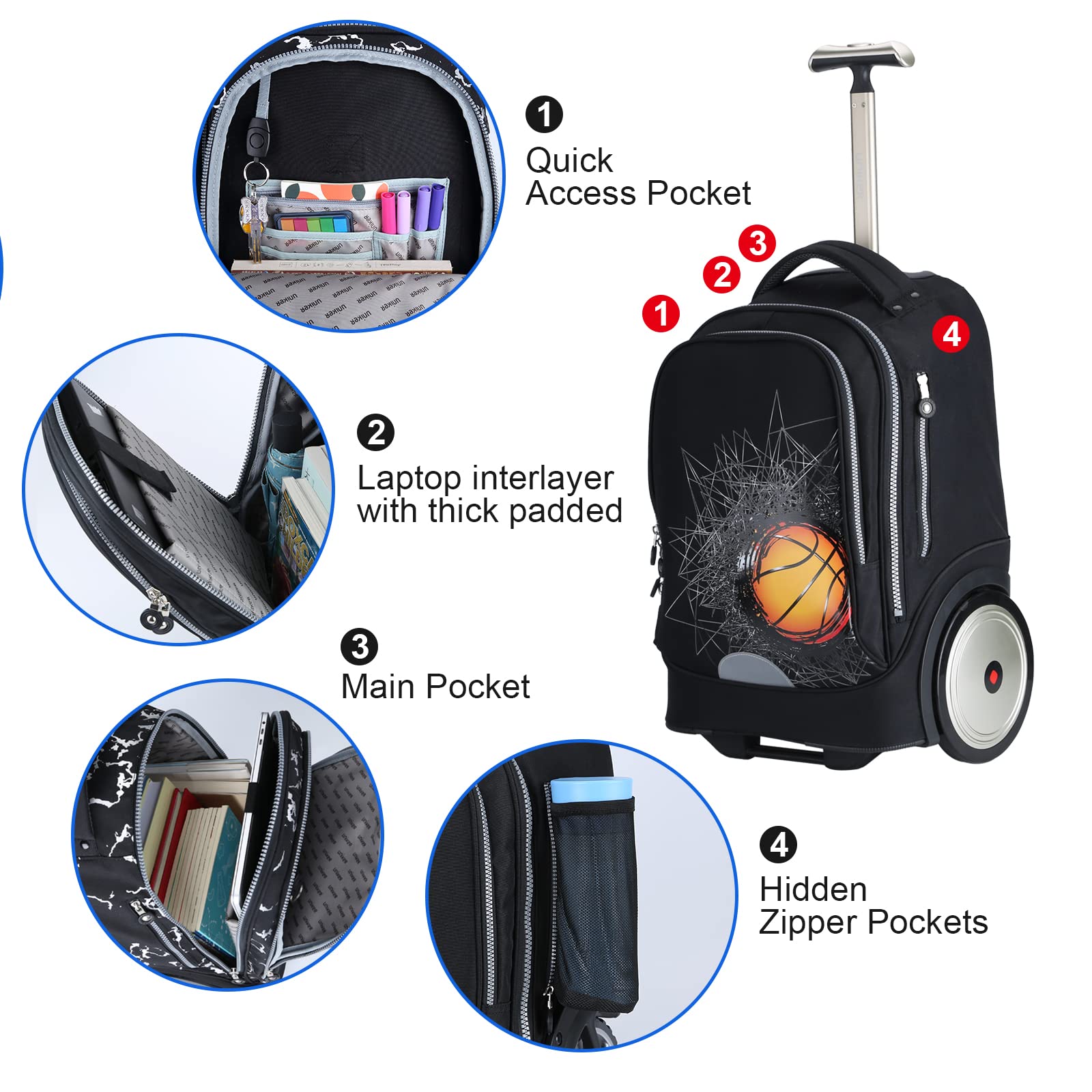 19 Inch Rooler Sports Bag on Wheels Rolling Laptop Bag 19 Inch Roller Bookbag for Gir ...