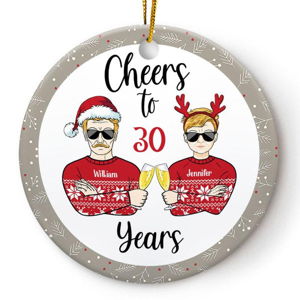 Cheers To Anniversary - Christmas Gift For Married Couples - Personalized Custom Circle Ceramic Ornament