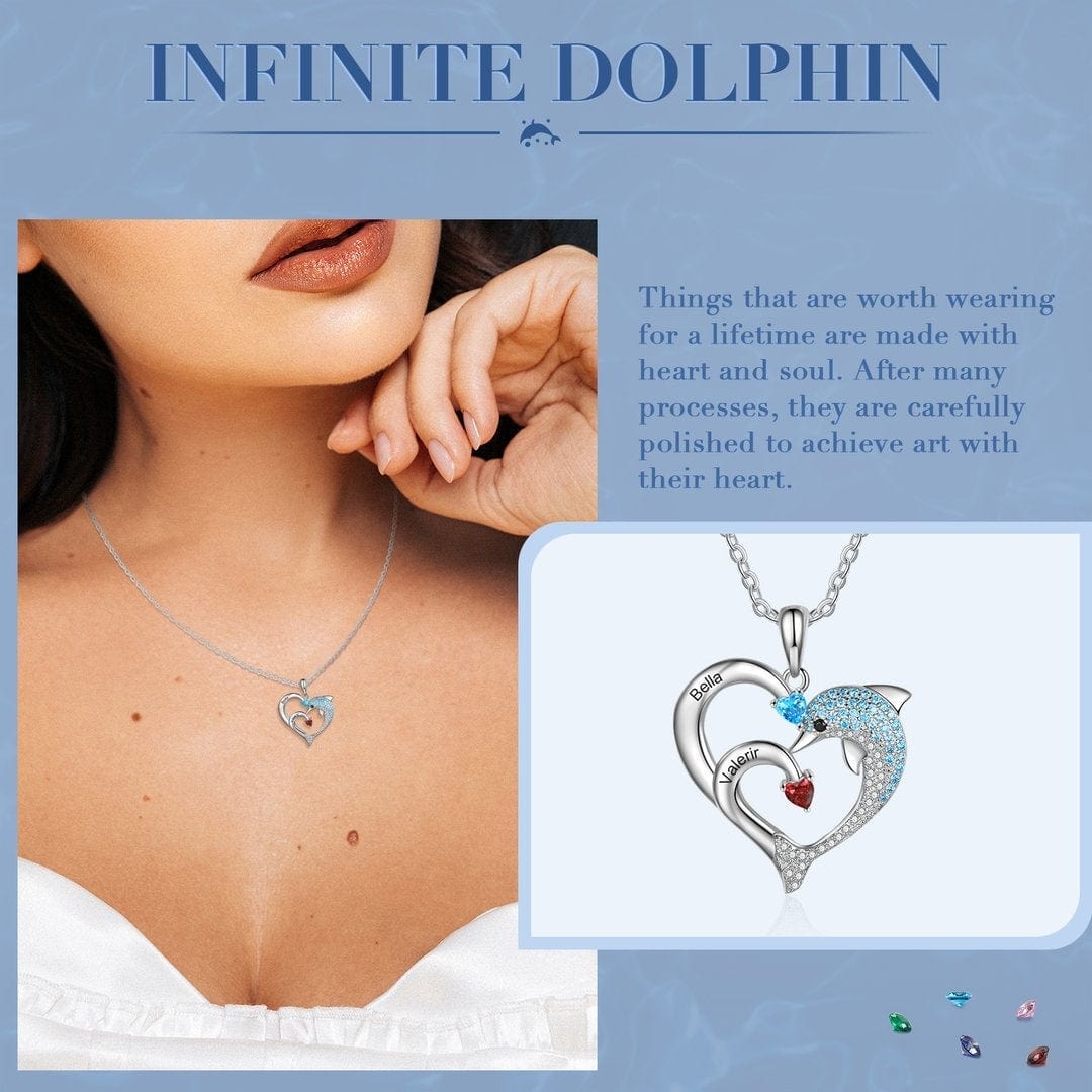 Personalized Heart Dolphin Necklace Custom 2 Birthstones Necklace for Her mylongingnecklace